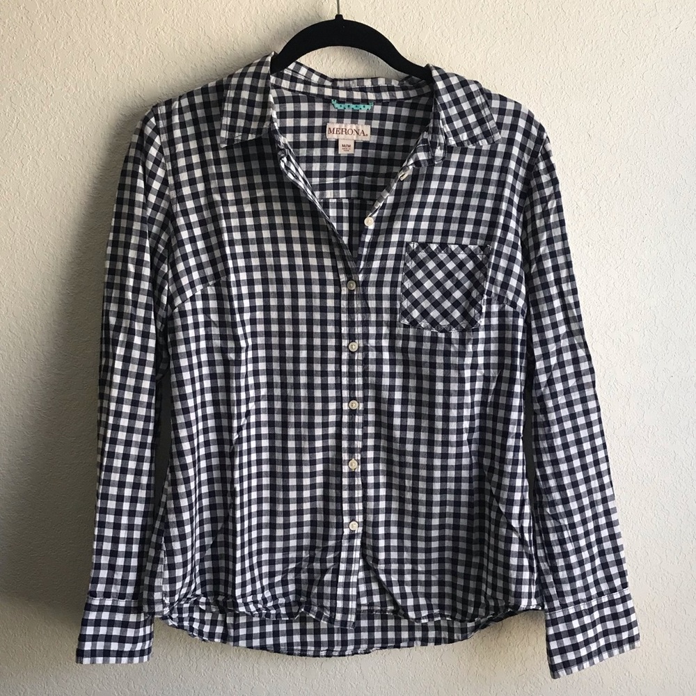 Navy Gingham Button Down Shirt, Size M